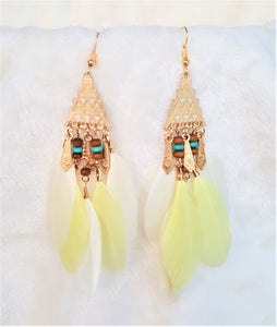 Feather Earring Yellow Bohemian, Boho Earring Beads Gold, Statement Earring, Bohemian Jewelry - Urban Flair USA