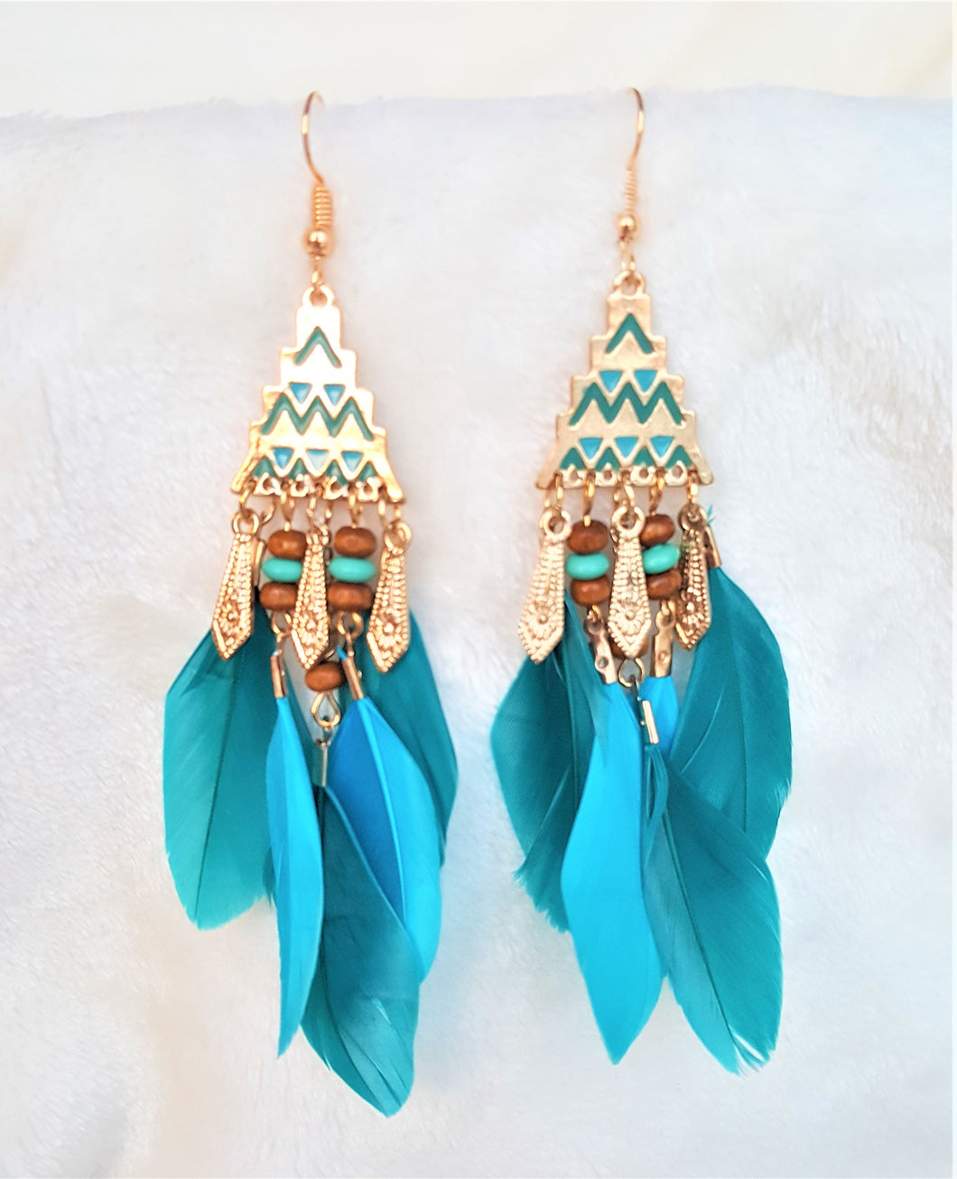 Feather Earring Bohemian Turquoise Teal Beads Gold, Boho Earrings, Statement Earring, Bohemian Jewelry - Urban Flair USA