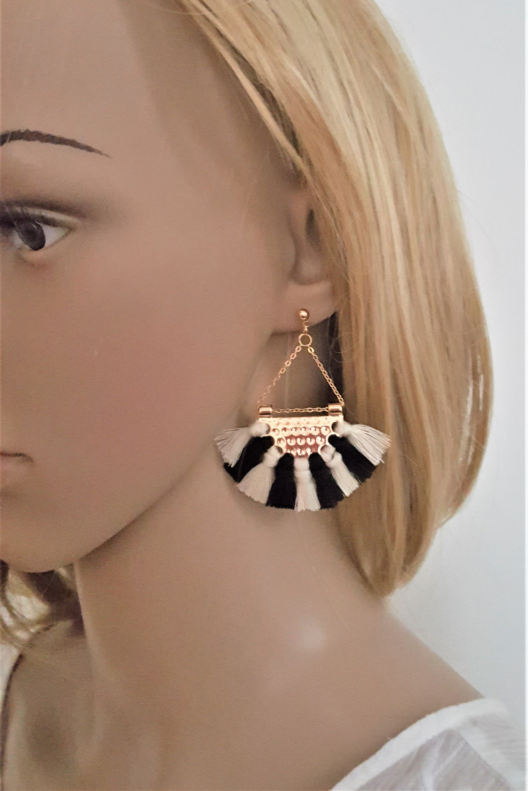 Fan Tassel Earrings Gold tone Chain Triangle Fringe, Geometric Fringe Earring, Bohemian Jewelry, Statement Earring, Ethnic Party wear - Urban Flair USA