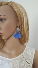 Load image into Gallery viewer, Blue Tassel Earrings on Enamel Metal Disc,Dangle Drop Earring,Hoop Earrings, Bohemian Jewelry, Statement Earrings, Ethnic Earrings - Urban Flair USA