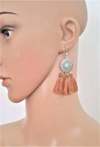 Brown Tassels Earrings on Enamel Metal Disc, Boho Earrings, Dangle Drop Earrings, Hoop Earrings, Bohemian Jewelry, Ethnic Jewelry - Urban Flair USA