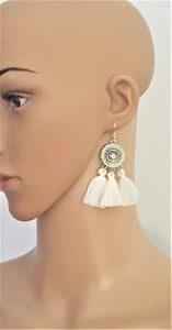 Cream Tassels Earrings on Enamel Metal Disc, Boho Earrings, Dangle Drop Earrings, Hoop Earrings, Bohemian Jewelry, Ethnic Jewelry - Urban Flair USA
