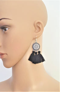 Black Tassel Earrings on Enamel Metal Disc,Dangle Drop Earring,Hoop Earrings, Bohemian Jewelry, Statement Earrings, Ethnic Jewelry - Urban Flair USA