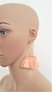 Thread Tassel Earrings Triangle Hoop Dark Red or Light Orange Statement Earrings, Boho Earrings, Beach Earrings - Urban Flair USA