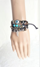 Load image into Gallery viewer, Unisex Adjustable Layered Bracelet Vintage style Brown Leather Feather Metal Charms Evil eye Wrap Bohemian Bracelet - Urban Flair USA