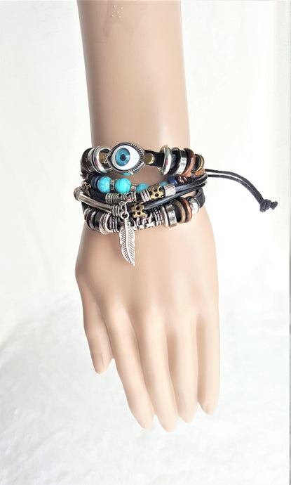 Unisex Adjustable Layered Bracelet Vintage style Brown Leather Feather Metal Charms Evil eye Wrap Bohemian Bracelet - Urban Flair USA