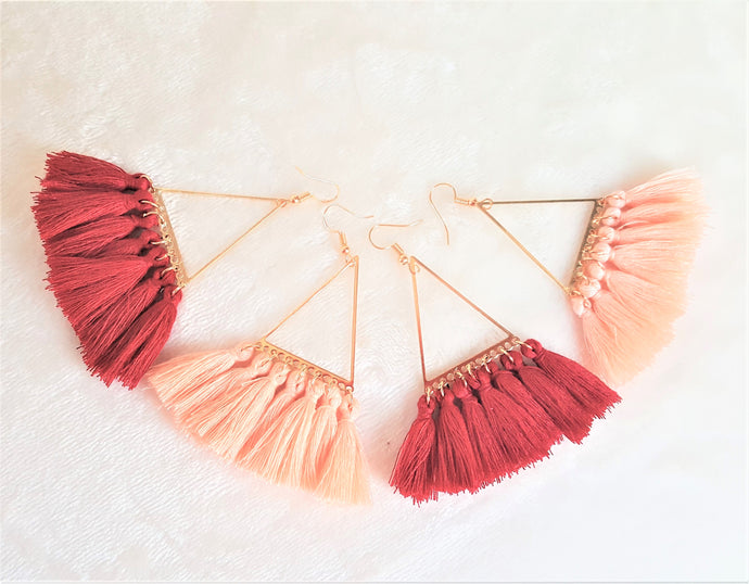 Thread Tassel Earrings Triangle Hoop Dark Red or Light Orange Statement Earrings, Boho Earrings, Beach Earrings - Urban Flair USA