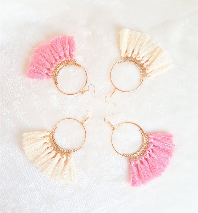 Pink Tassel Earrings Cream Gold tone Metal Hoop, Dangle drop Earrings, Hoop Earrings, Bohemian Jewelry, Statement Earrings, Beach Earrings - Urban Flair USA