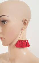 Load image into Gallery viewer, Thread Tassel Earrings Triangle Hoop Dark Red or Light Orange Statement Earrings, Boho Earrings, Beach Earrings - Urban Flair USA