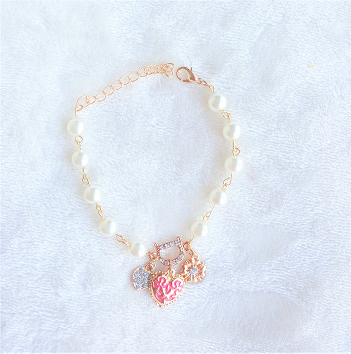 Faux Pearl Bracelet Pearl Beads Crystal Heart Flower Charm Fashion Bracelet - Urban Flair USA