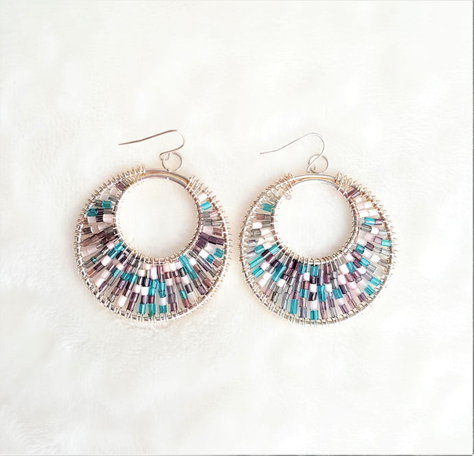 Vintage Silver Wired Beaded Southwest Hoop Earrings, Silver tone Dangle Drop Hooped Earrings - Urban Flair USA