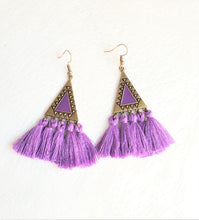 Load image into Gallery viewer, Tassel Earrings Vintage Purple Ethnic Design Triangle Charm Statement Bohemian Fashion Earrings by UrbanFlair - Urban Flair USA