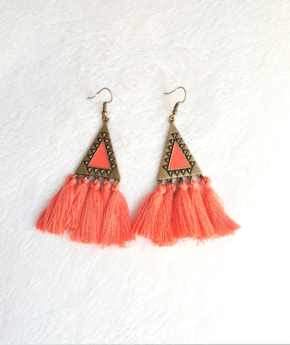 Tassel Earrings Orange Vintage Design Ethnic Earring, Coral Orange Triangle Charm Statement Boho Chic Earrings by UrbanFlair - Urban Flair USA