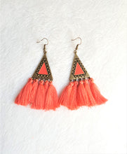 Load image into Gallery viewer, Tassel Earrings Orange Vintage Design Ethnic Earring, Coral Orange Triangle Charm Statement Boho Chic Earrings by UrbanFlair - Urban Flair USA