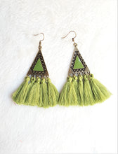 Load image into Gallery viewer, Tassel Earrings Green Vintage Design Ethnic Earring, Triangle Charm Statement Earrings, Boho Chic Earrings by UrbanFlair - Urban Flair USA
