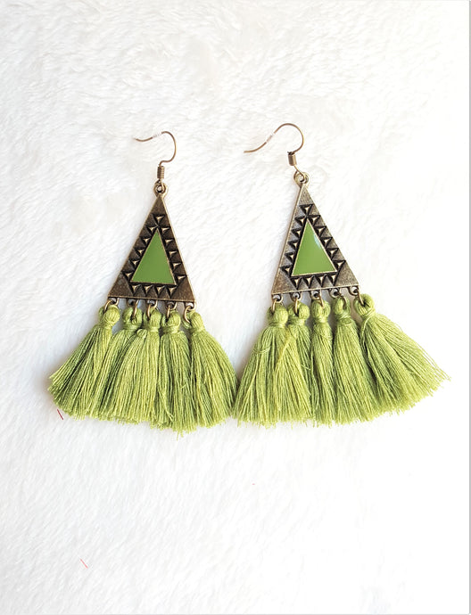 Tassel Earrings Green Vintage Design Ethnic Earring, Triangle Charm Statement Earrings, Boho Chic Earrings by UrbanFlair - Urban Flair USA