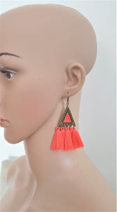Tassel Earrings Orange Vintage Design Ethnic Earring, Coral Orange Triangle Charm Statement Boho Chic Earrings by UrbanFlair - Urban Flair USA