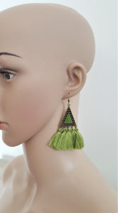 Tassel Earrings Green Vintage Design Ethnic Earring, Triangle Charm Statement Earrings, Boho Chic Earrings by UrbanFlair - Urban Flair USA