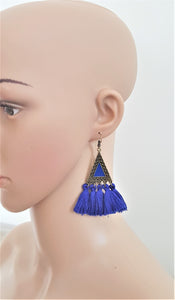 Tassel Earrings Vintage Royal Blue Ethnic Triangle Charm Designer Statement Bohemian Fashion Earrings by UrbanFlair - Urban Flair USA