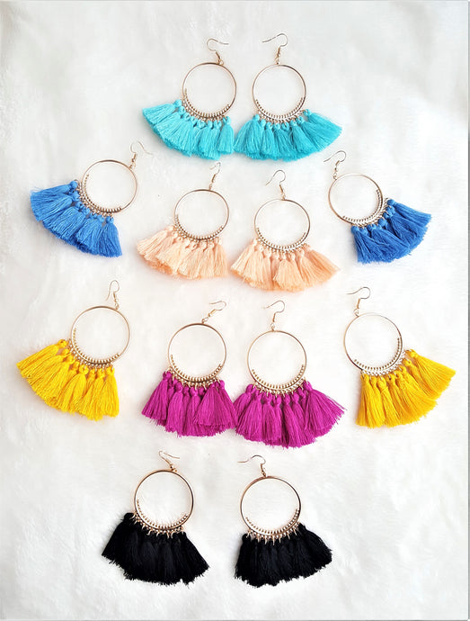 Thread Tassel Earrings Gold tone Metal Hoop, Dangle Drop Earring, Hoop Earrings, Bohemian Jewelry, Statement Earrings, Beach Earrings - Urban Flair USA