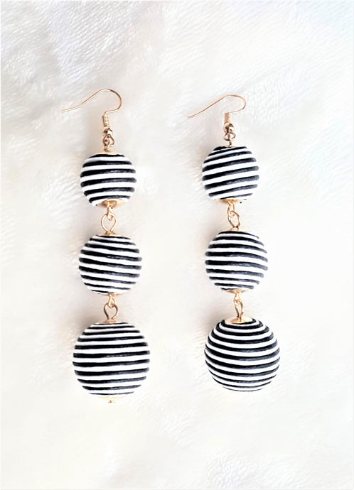 Les Bon Bon Black White Thread Ball Triple Tier Drop Earrings, Boho Chic Designer,Beach Jewelry Earrings,Statement Earring,Gift for Her - Urban Flair USA