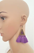 Load image into Gallery viewer, Tassel Earrings Vintage Purple Ethnic Design Triangle Charm Statement Bohemian Fashion Earrings by UrbanFlair - Urban Flair USA