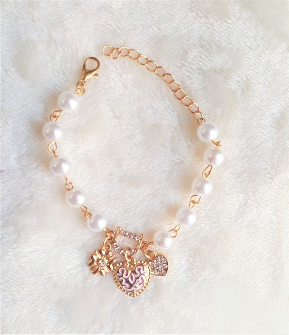 Faux Pearl Bracelet Pearl Beads Crystal Heart Flower Charm Fashion Bracelet - Urban Flair USA