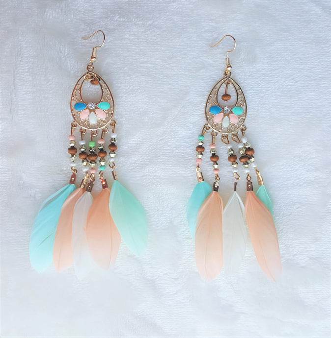 Feather Earrings Long Bohemian Earrings Beaded Enamel Crystal Rhinestone Earrings, Boho Statement Earring, Bohemian Jewelry - Urban Flair USA