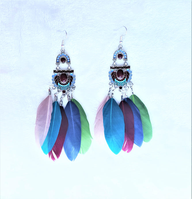 Feather Earring Multicolored Enamel Long Vintage Design Earrings - Urban Flair USA