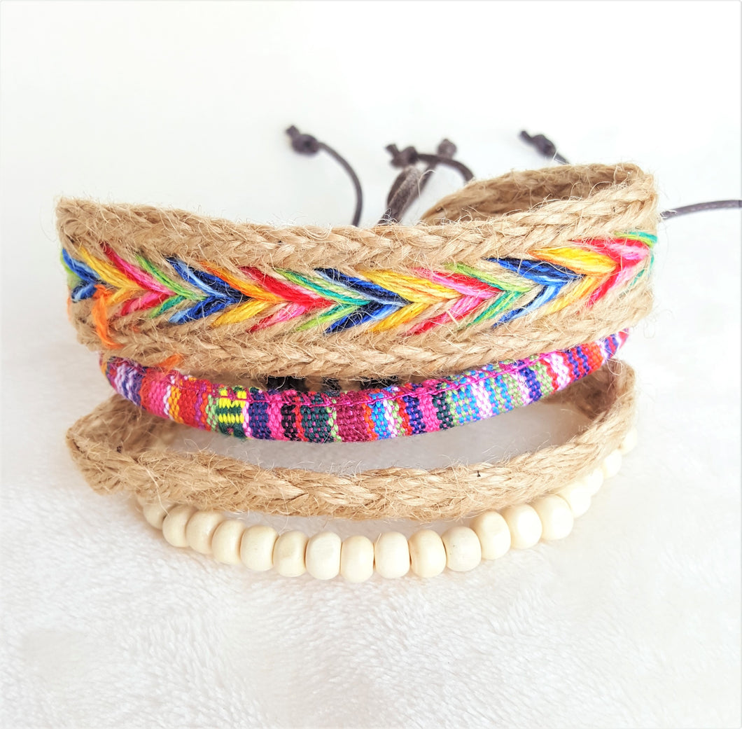 Bracelet Multicolored Set of 4 Hemp Rope Woven Braided Embroidered Cotton Beaded Boho Bracelet, Friendship Bracelet, Bohemian Jewelry - Urban Flair USA