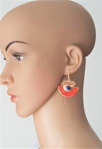 Ethnic Bead Earrings 0range Navy Beaded Gold tone Semi Circle Fan shaped Dangle Drop Earrings - Urban Flair USA