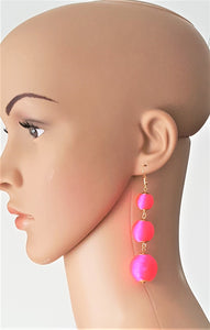 Bon Bon Earrings Pink Silk Thread Ball Triple Tier Drop Earrings, Neon Pink Boho Chic Designer Jewelry ,Statement Earring, Gift for Her - Urban Flair USA