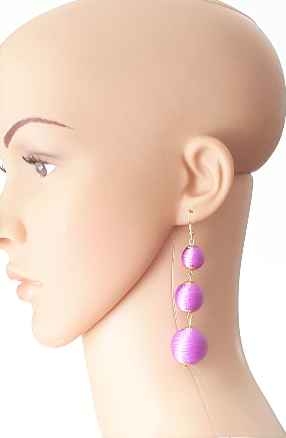 Les Bon Bon Earrings Purple Lavender Silk Thread Triple Tier Drop