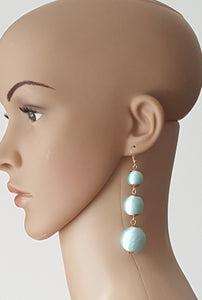 Les Bon Bon Earrings Silk Thread Ball Triple Tier Drop, Light Blue Boho Chic Designer Jewelry Earrings,Statement Earring, Gift for Her - Urban Flair USA