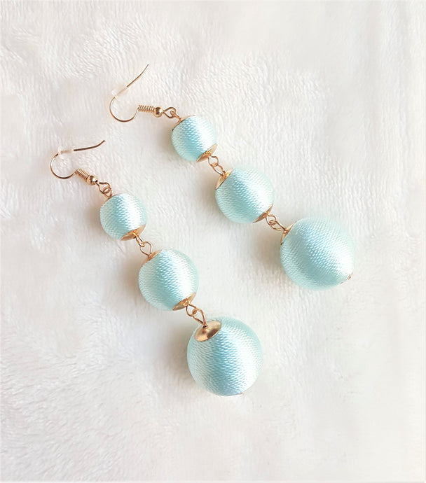 Les Bon Bon Earrings Silk Thread Ball Triple Tier Drop, Light Blue Boho Chic Designer Jewelry Earrings,Statement Earring, Gift for Her - Urban Flair USA