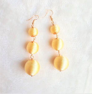 Les Bon Bon Earrings Silk Gold Yellow Thread Ball Triple Tier Drop Dangle, Gold Boho Chic Designer Jewelry Earrings,Statement Earring, - Urban Flair USA