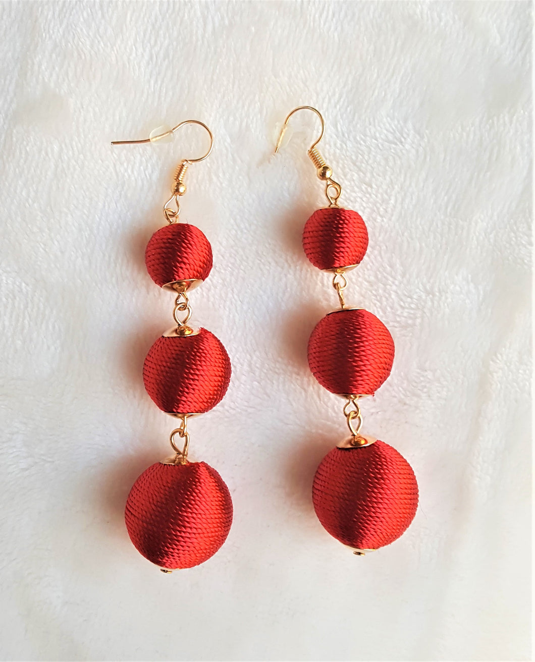 Les Bon Bon Earrings Red Silk Thread Ball Triple Tier Drop, Red Boho Chic Designer Jewelry Earrings,Statement Earring, Gift for Her - Urban Flair USA