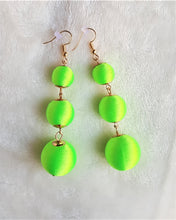 Load image into Gallery viewer, Les Bon Bon Earrings Green Silk Thread Ball Triple Tier Drop, Lime Green Boho Chic Designer Jewelry, Statement Earrings, Gift for Her - Urban Flair USA
