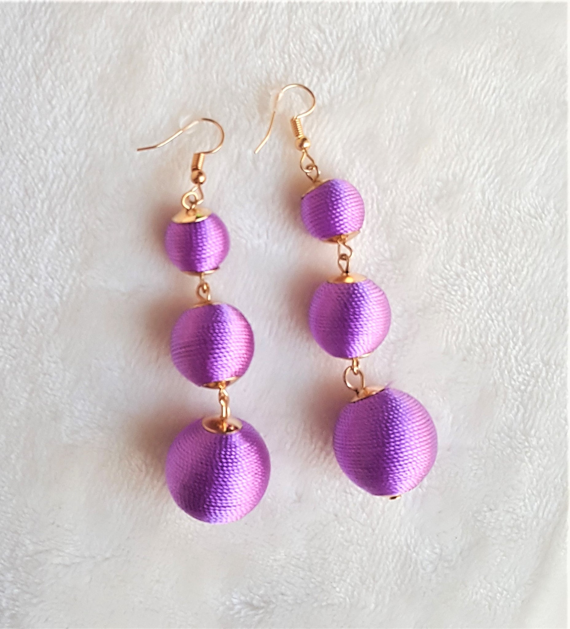 Les Bon Bon Earrings Purple Lavender Silk Thread Triple Tier Drop