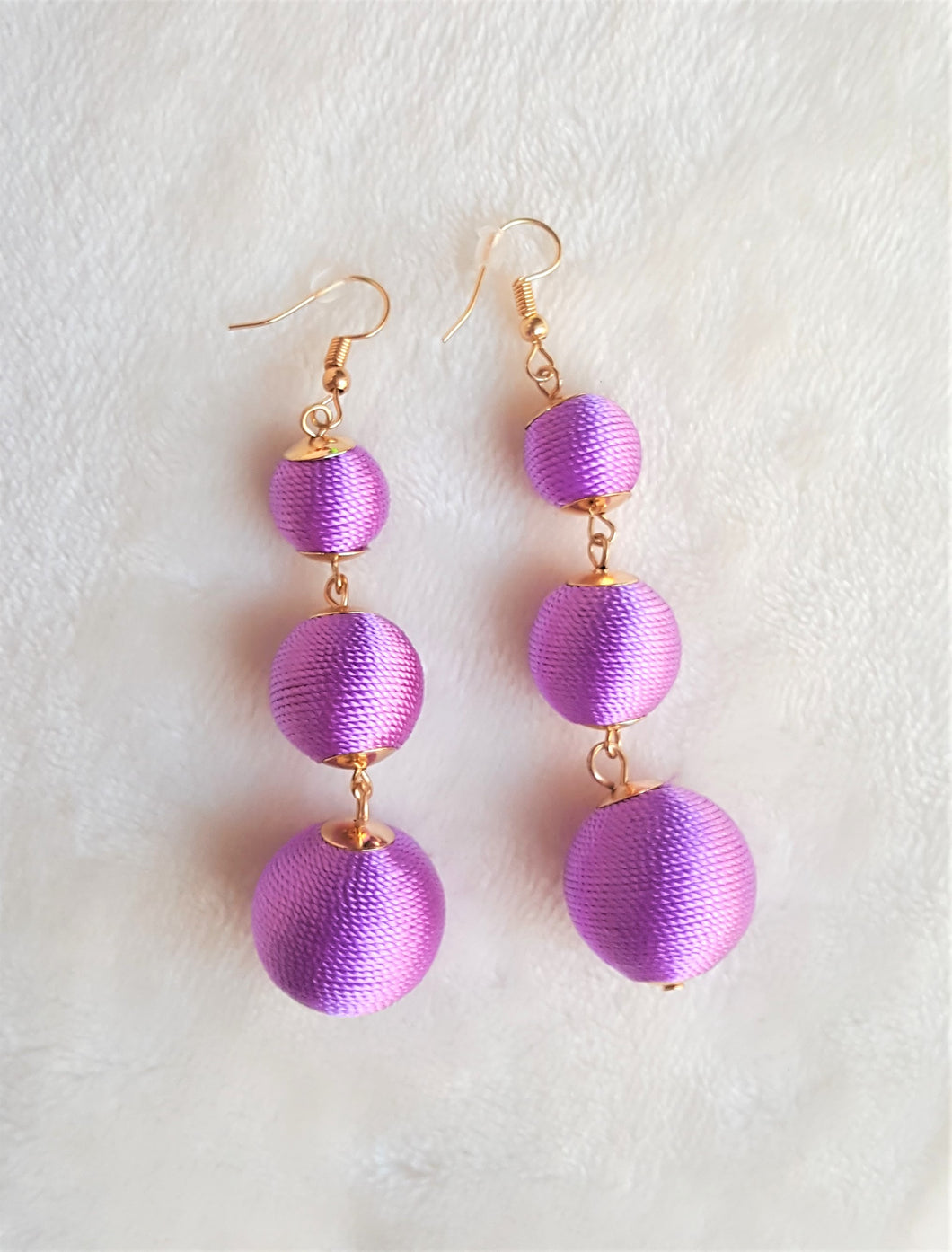 Les Bon Bon Earrings Purple Lavender Silk Thread Triple Tier Drop, Boho Chic Designer Jewelry Earrings,Statement Earring, Gift for Her - Urban Flair USA