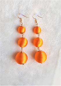 Les Bon Bon Earrings Orange Silk Thread Triple Tier Drop, Orange Boho Chic Designer Jewelry Earrings,Statement Earring, Gift for Her - Urban Flair USA