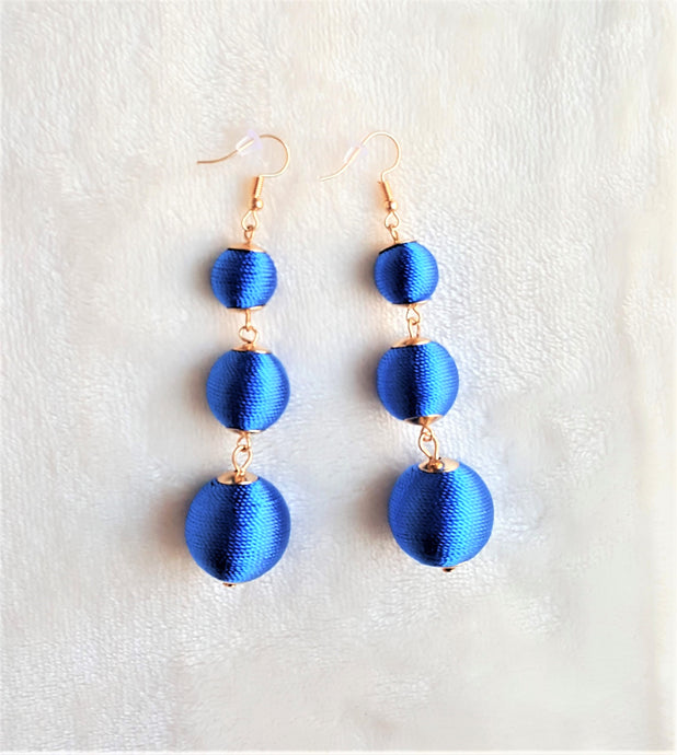 Les Bon Bon Earrings Blue Silk Thread Triple Tier Royal Blue Drop, Boho Chic Designer Jewelry Earrings,Statement Earring, Gift for Her - Urban Flair USA