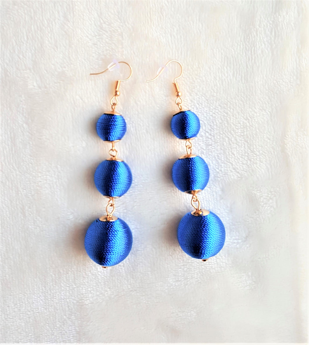 Les Bon Bon Earrings Blue Silk Thread Triple Tier Royal Blue Drop, Boho Chic Designer Jewelry Earrings,Statement Earring, Gift for Her - Urban Flair USA