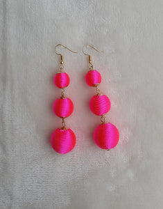 Bon Bon Earrings Pink Silk Thread Ball Triple Tier Drop Earrings, Neon Pink Boho Chic Designer Jewelry ,Statement Earring, Gift for Her - Urban Flair USA