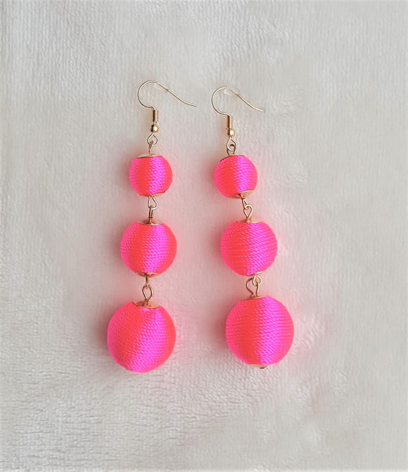 Bon Bon Earrings Pink Silk Thread Ball Triple Tier Drop Earrings, Neon Pink Boho Chic Designer Jewelry ,Statement Earring, Gift for Her - Urban Flair USA