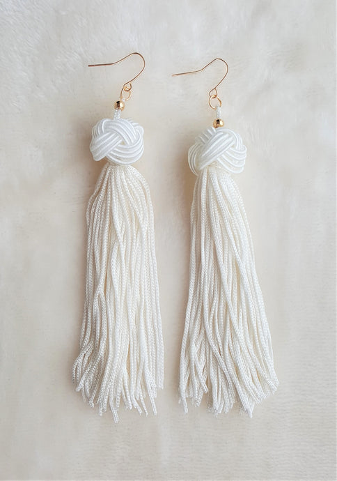 Earrings Knotted Tassel White, Boho Earrings, Beach Earrings, Chic Fashion Earrings, Statement Earring, Gifts for Her - Urban Flair USA