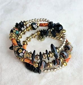 Bracelet Black Beaded Ethnic Bohemian with Charm, Gold, Black, Brown - Urban Flair USA