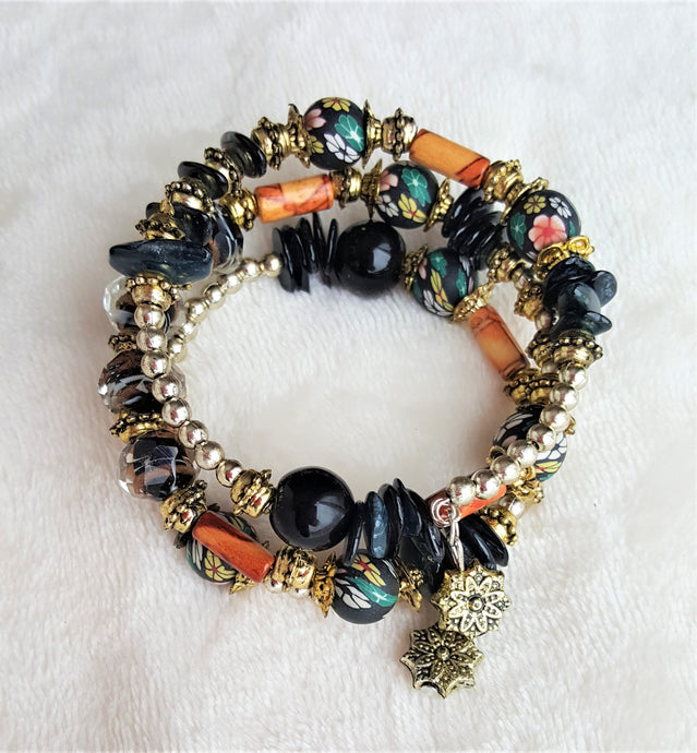 Bracelet Black Beaded Ethnic Bohemian with Charm, Gold, Black, Brown - Urban Flair USA