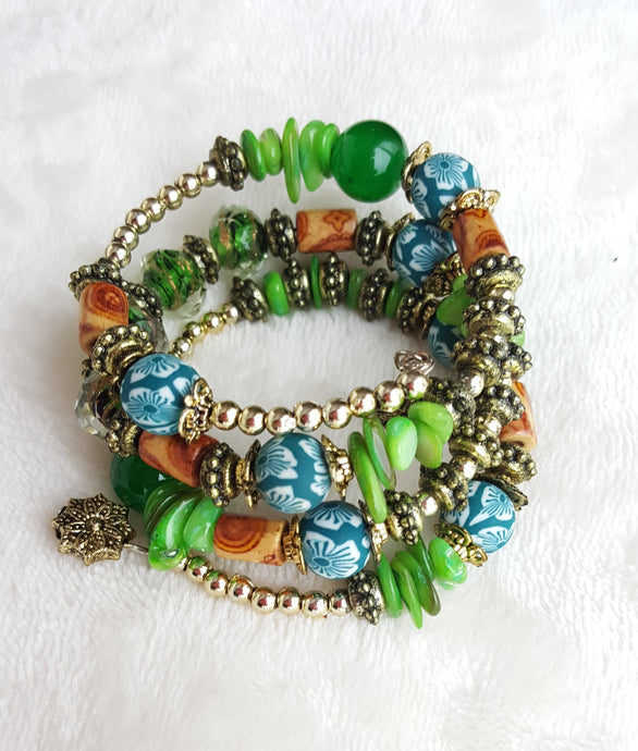Bracelet Beaded Ethnic Bohemian with Charm, Gold, Green, Brown, Teal, White - Urban Flair USA