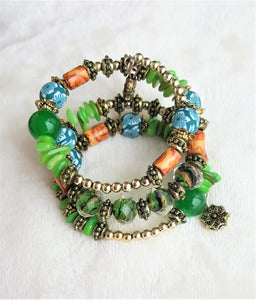 Bracelet Beaded Ethnic Bohemian with Charm, Gold, Green, Brown, Teal, White - Urban Flair USA